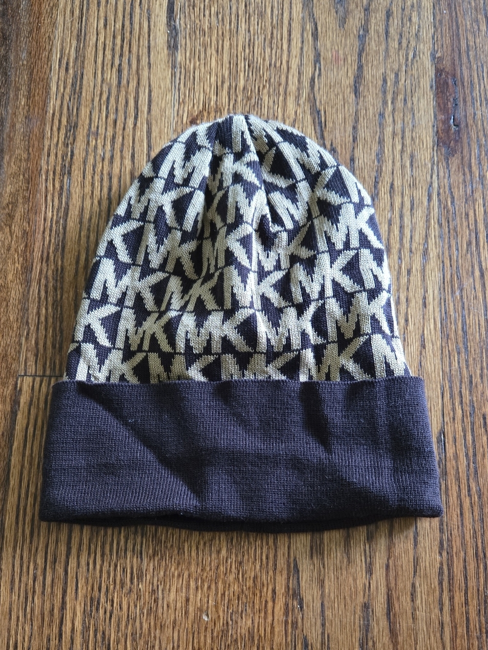 Michael Kors Brown and Beige MK Logo Knit Beanie